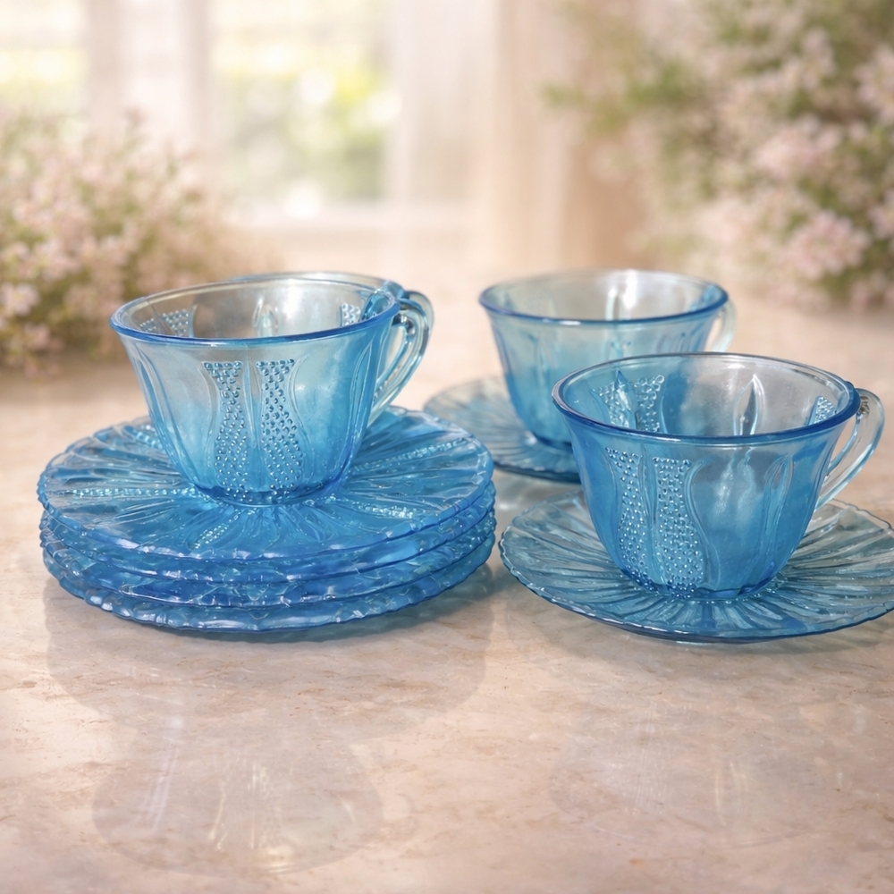 Elegant Blue Glass Teacup and Saucer Set - 4 Piece - Picture 2 of 4